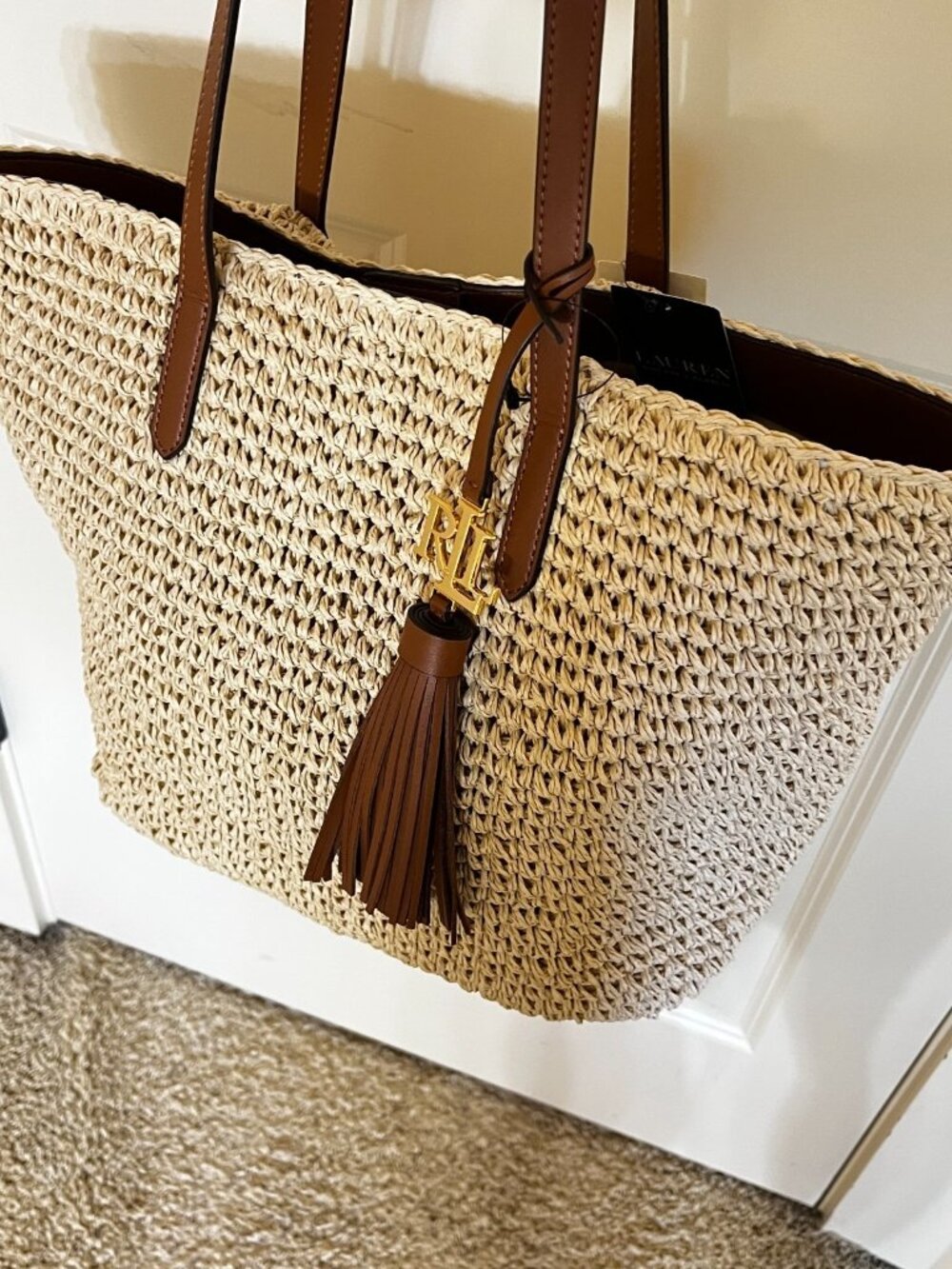 NWT Lauren RALPH LAUREN Crochet Straw Medium Whitney Tote Bag Lauren Tan